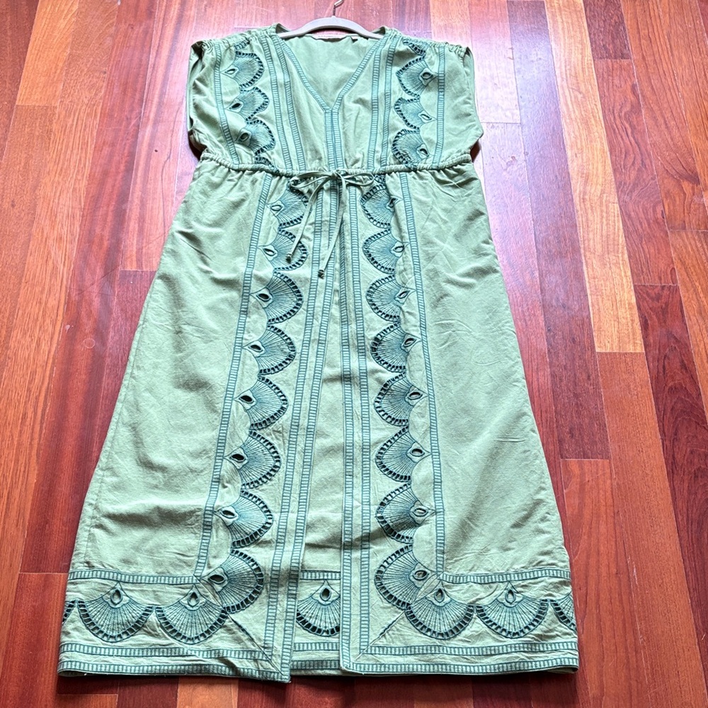 Green Embroidered Soft Surroundings Linen Sleeveless Maxi Dress